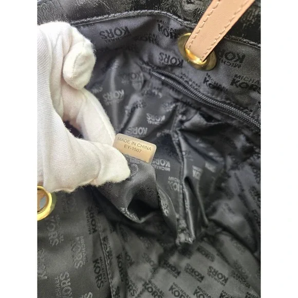 Michael Kors Black Patent Leather Shoulder Tote Bag MK Charm Gold Hardware - Picture 11 of 12